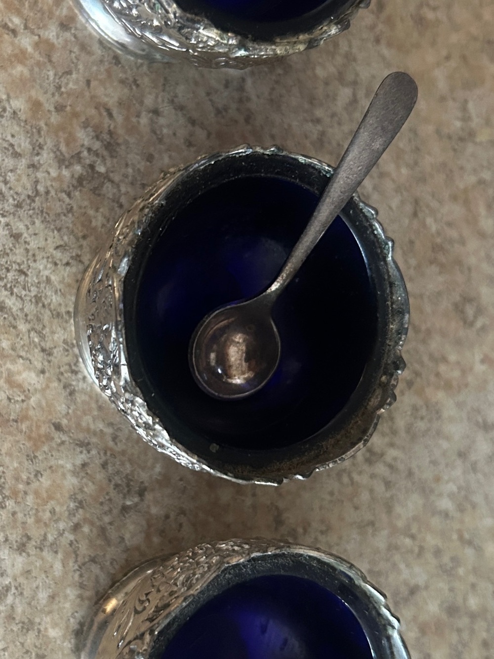 Set of Three Silver-Plated Salt Cellars with Cobalt Blue Glass Liners